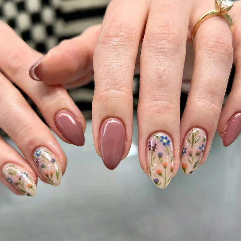 N-126 - Florals & Primrose Pink - Press On Nail Set Of 24 - Free 24 Pcs Sticker Sheet Included