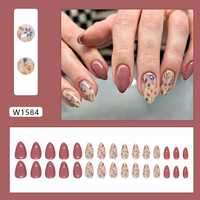 N-126 - Florals & Primrose Pink - Press On Nail Set Of 24 - Free 24 Pcs Sticker Sheet Included