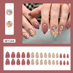 N-126 - Florals & Primrose Pink - Press On Nail Set Of 24 - Free 24 Pcs Sticker Sheet Included