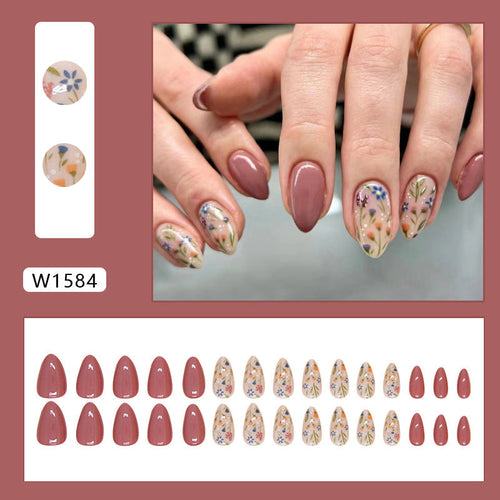 N-126 - Florals & Primrose Pink - Press On Nail Set Of 24 - Free 24 Pcs Sticker Sheet Included