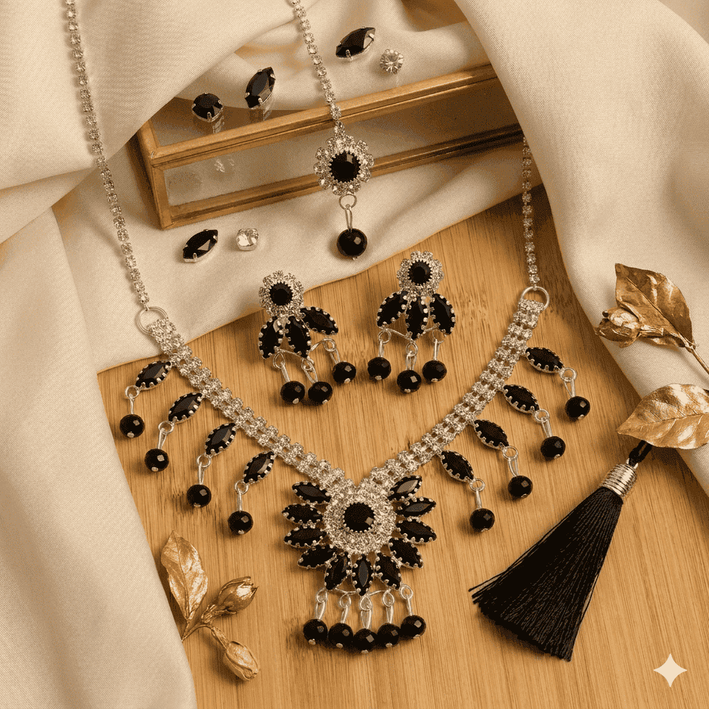 Black Crystal Floral Set