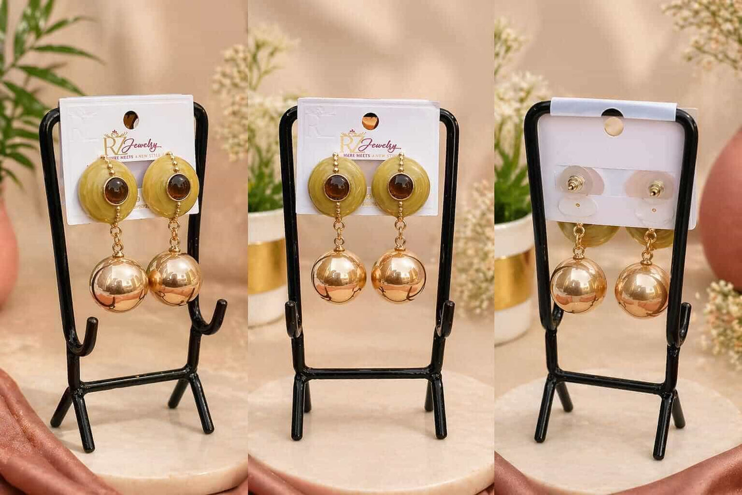 Olive Gold Ball Danglers