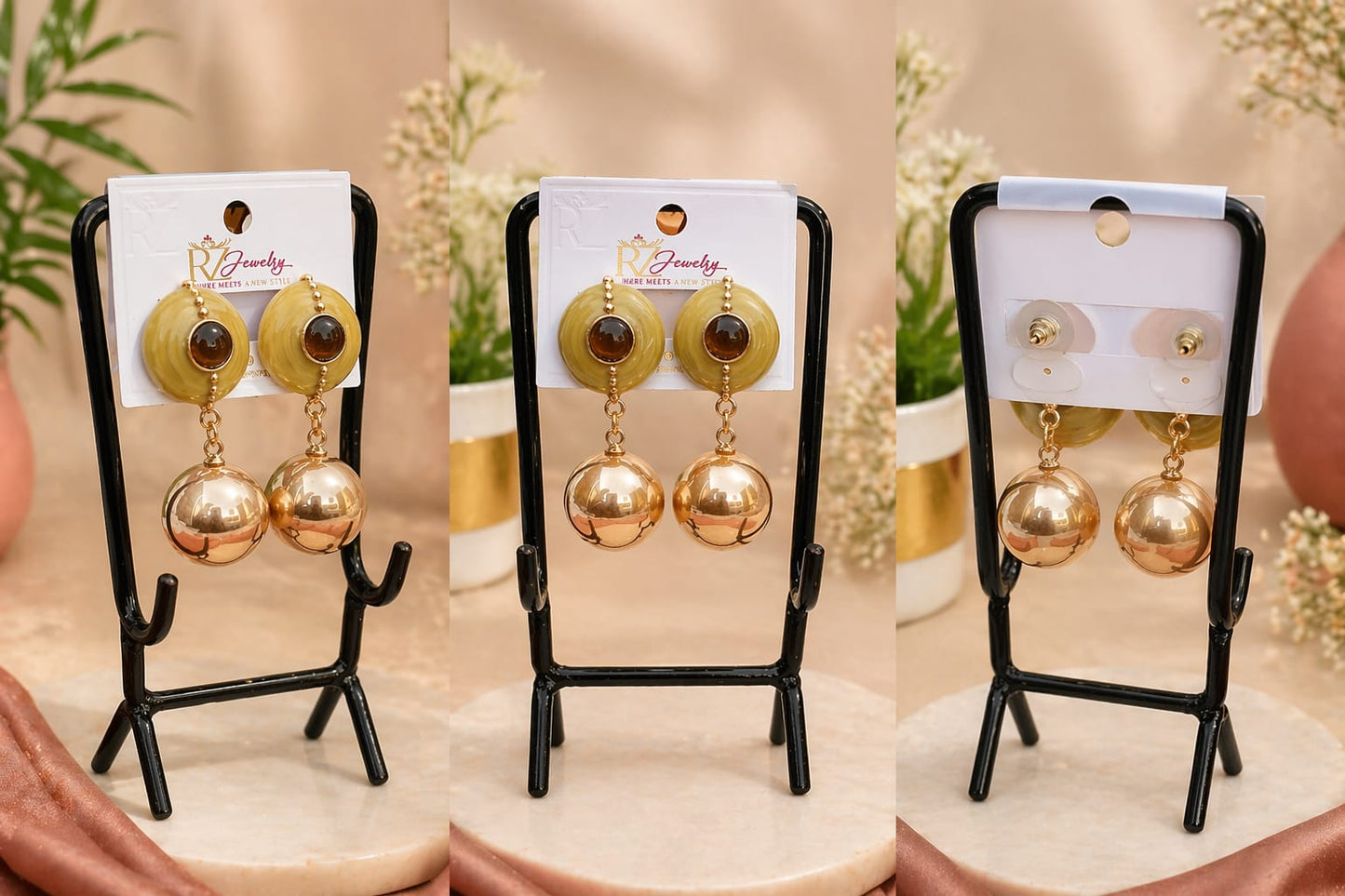 Olive Gold Ball Danglers