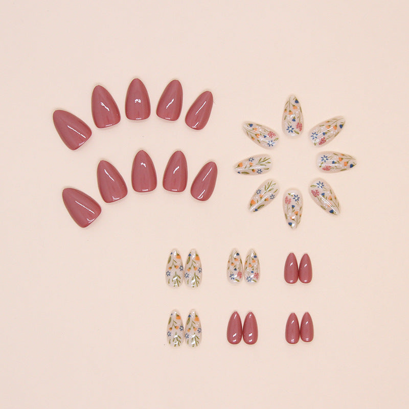N-126 - Florals & Primrose Pink - Press On Nail Set Of 24 - Free 24 Pcs Sticker Sheet Included